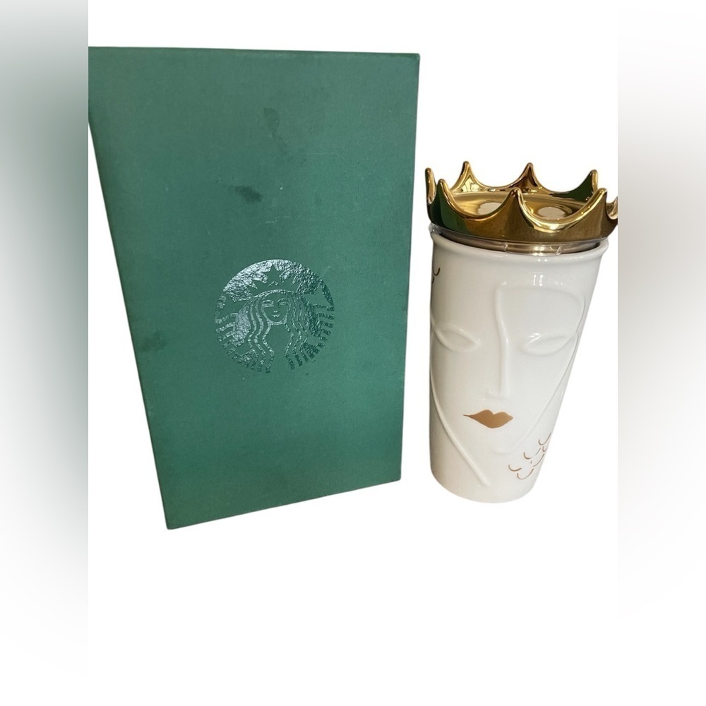 RARE New Starbucks 2016 Siren Ceramic Traveler with GOLD CROWN LID